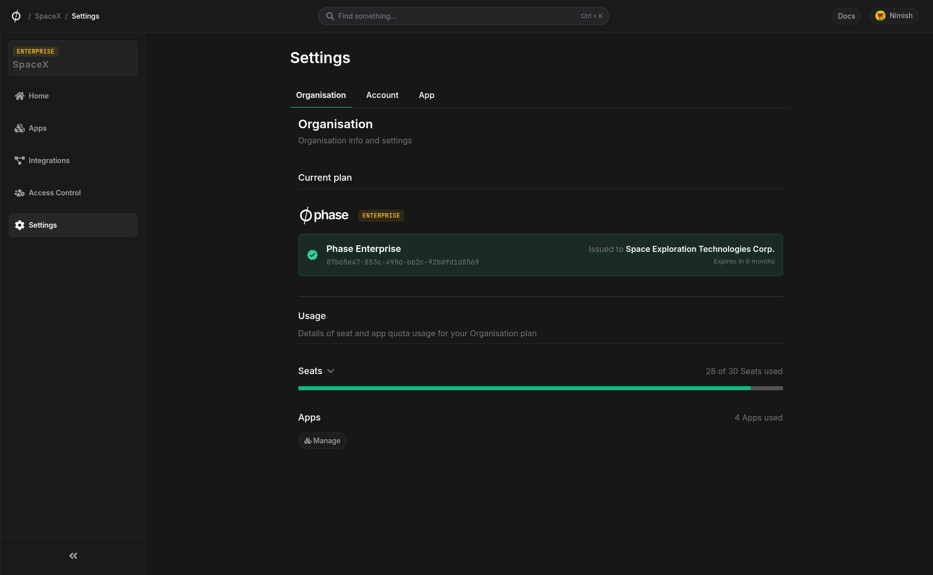 organisation settings
